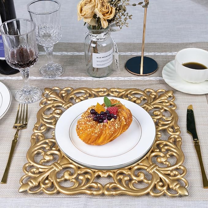MAONAME 12" Gold Charger Plates Set of 6, Mirror Charger for Dinner Plates, Plastic Plate Chargers with Embossed Rims, Square Chargers for Table Setting, Wedding