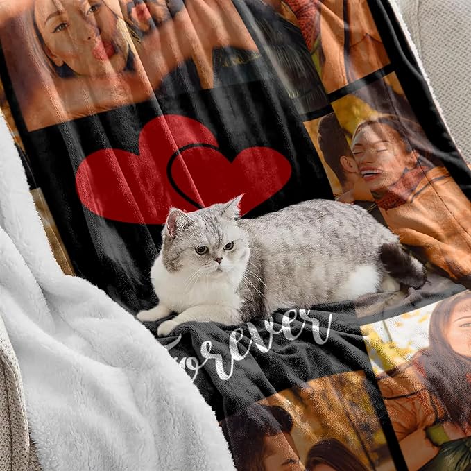 Custom Blanket with Picture Personalized Sherpa Fleece Throw Blanket - Thick and Warm Fuzzy Plush Blanket - Customized Valentines Day Gifts for Couple Girlfriend Boyfriend