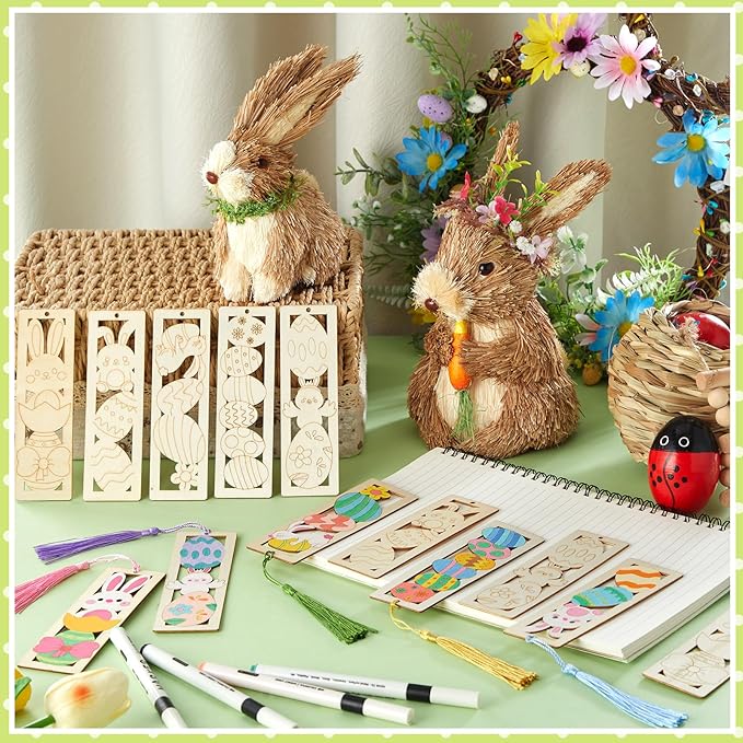 Yexiya 100 Pcs/50 Set Easter Wooden Bookmarks DIY Craft Kit, Bunny Egg Flower Bookmark Art Set for Book Lovers, Easter Birthday Party Holiday Gifts Art Project