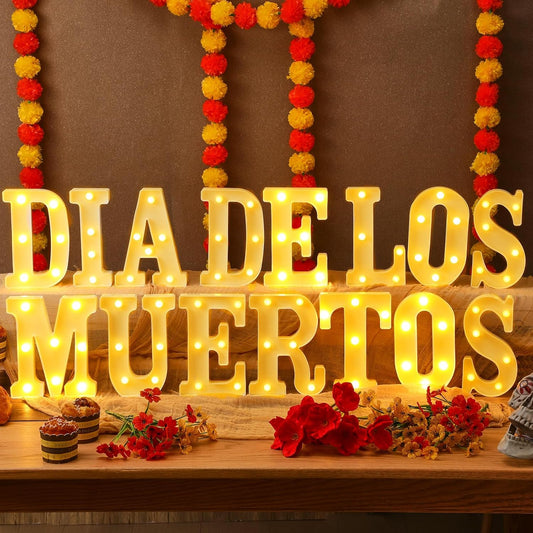 15 Pcs Day of The Dead Decorations Dia De Los Muertos Large LED Letter Signs LED Lights Battery Powered Table Decorations for Mexican Fiesta Party