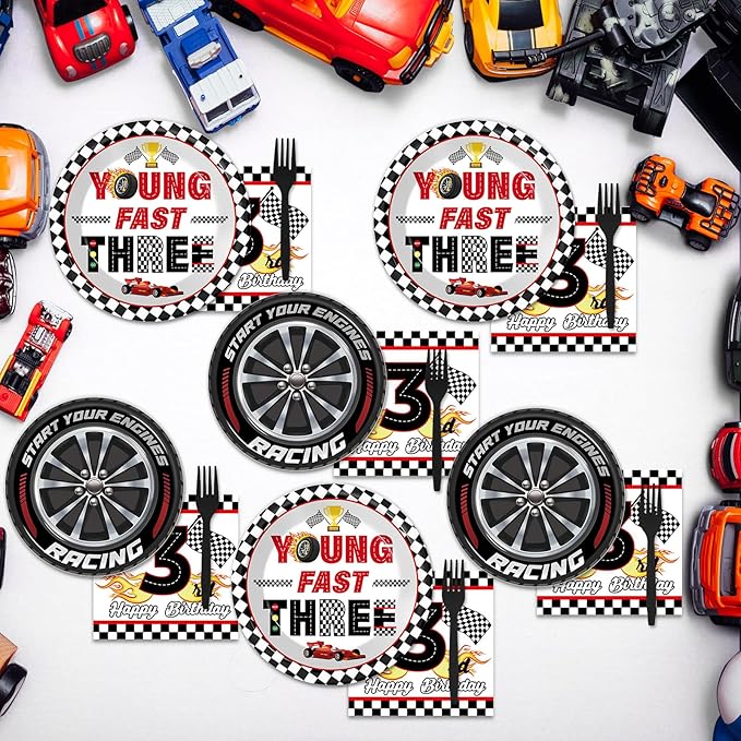 96PCS Race Car Themed 3rd Party Paper Plates and Napkins and Forks Set Young Fast Three Party Tableware Racing Checkered Flag Disposable Dinnerware for Kids Birthday Gatherings Decorations