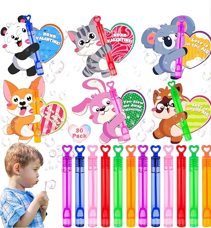 30 Pack Valentines Day Gifts for Kids School Mini Bubble Wands with Valentines Animals Valentines Cards for Kids Classroom, Valentines Day School Prize Party Favors Classroom Exchange Gift Set