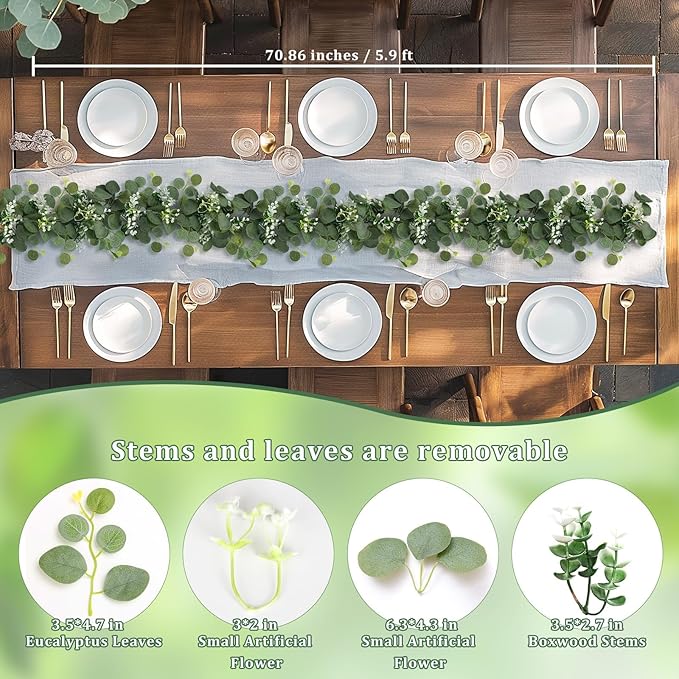 N&T NIETING 8 Pack Artificial Eucalyptus Leaf Garland, Faux Greenery Garland Decor 6 FT Summer Garlands, Fake Hanging Vines for Wedding Decoration Table Mantle