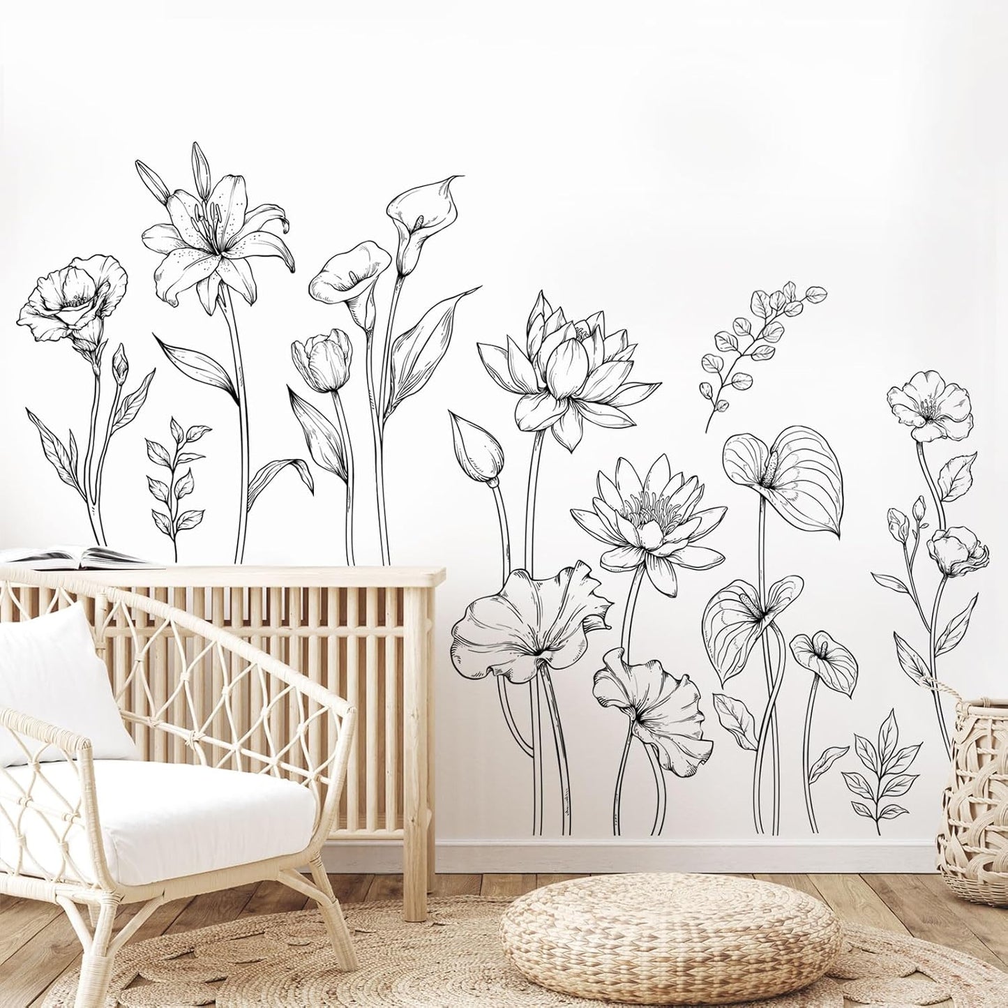 Large Black and White Flower Wall Decals Simple Modern Minimalist Garden Flower Wall Stickers Peel and Stick Floral Wall Art Decor for Girls Bedroom Living Room Office Adult Home Decor Gift for Mom