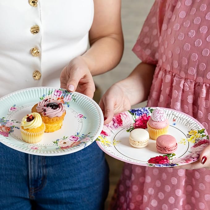 Talking Tables 50pcs Floral Afternoon Tea Party Decorations Tea Party Set Pretty Paper Plates Floral Napkins Tea cups Bunting for Birthday Mother's Day Bridal Shower Baby Shower for 16 Guests