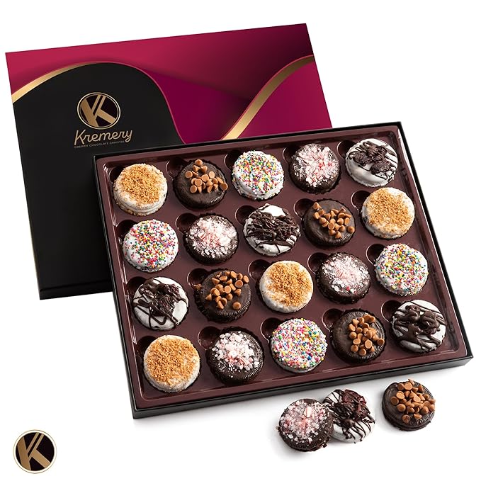 KREMERY Creamy Chocolate Cravings - Halloween Treats For Adults Chocolate Covered Sandwich Cookies & Cream Gift Basket, in Elegant Gift Box (20 Cookies, Assorted Sweet Toppings) Holiday Xmas Christmas