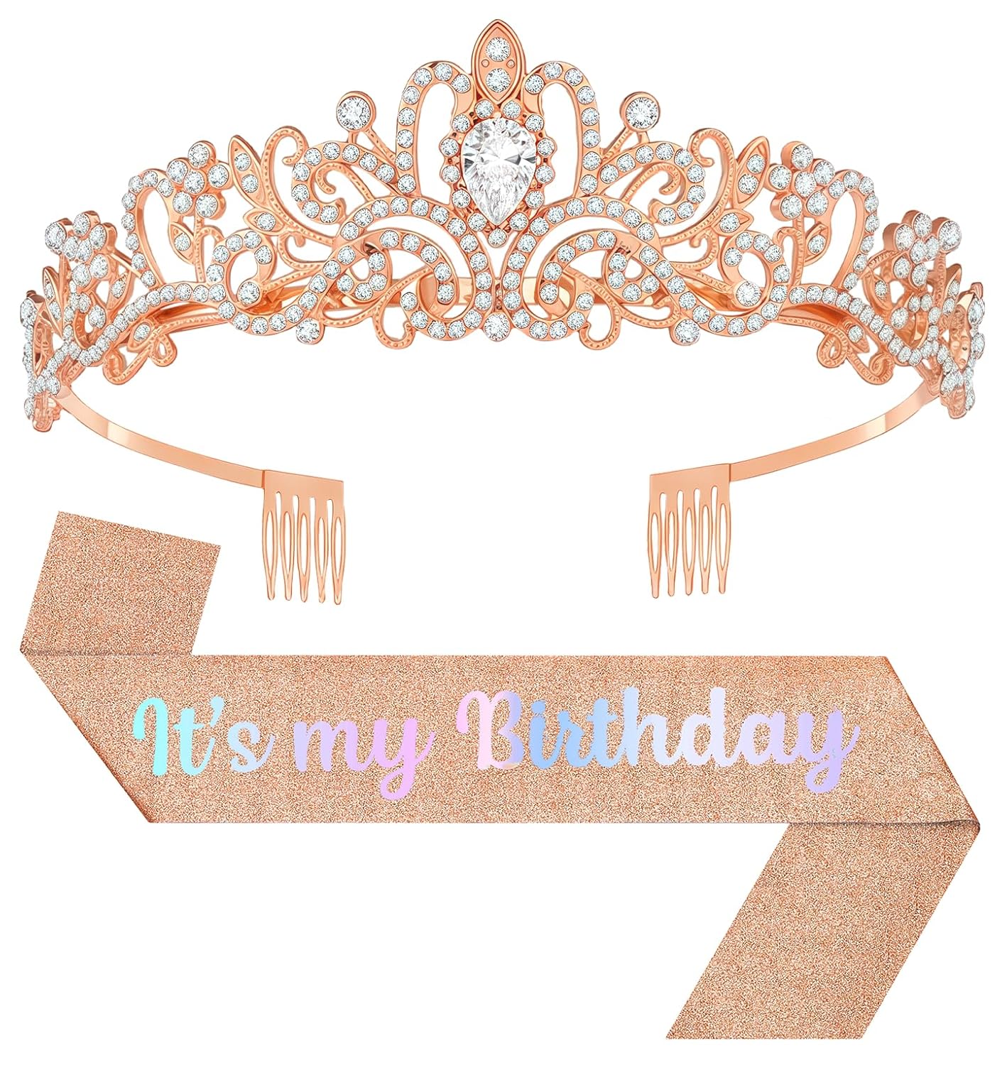 Birthday Tiara and Crown with Sash, Birthday Tiara for Women Party (Rose)