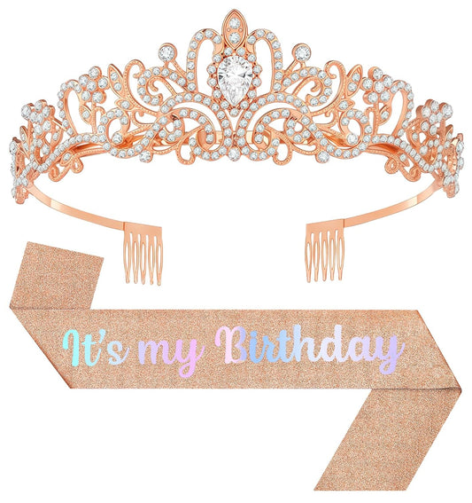 Birthday Tiara and Crown with Sash, Birthday Tiara for Women Party (Rose)