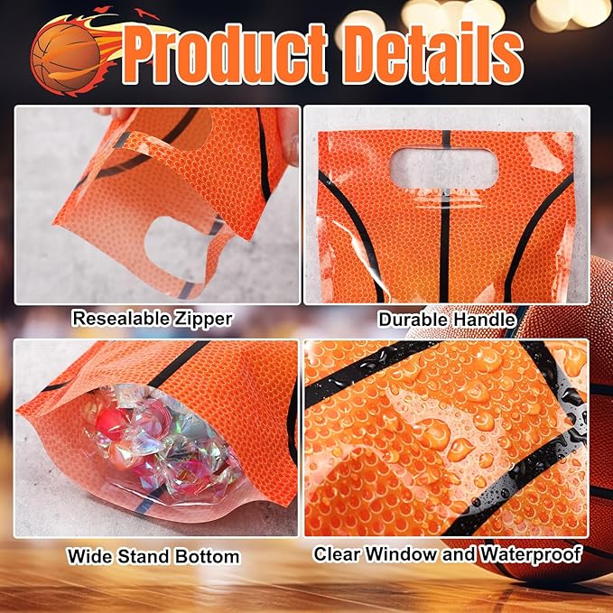 Blosssound 50 Pcs Basketball Goodie Bags Sport Sealing Pouches with Handles Clear Resealable Basketball Party Plastic Bags for Sports Theme Birthday Party Candy Gift Wrap Supplies Decoration