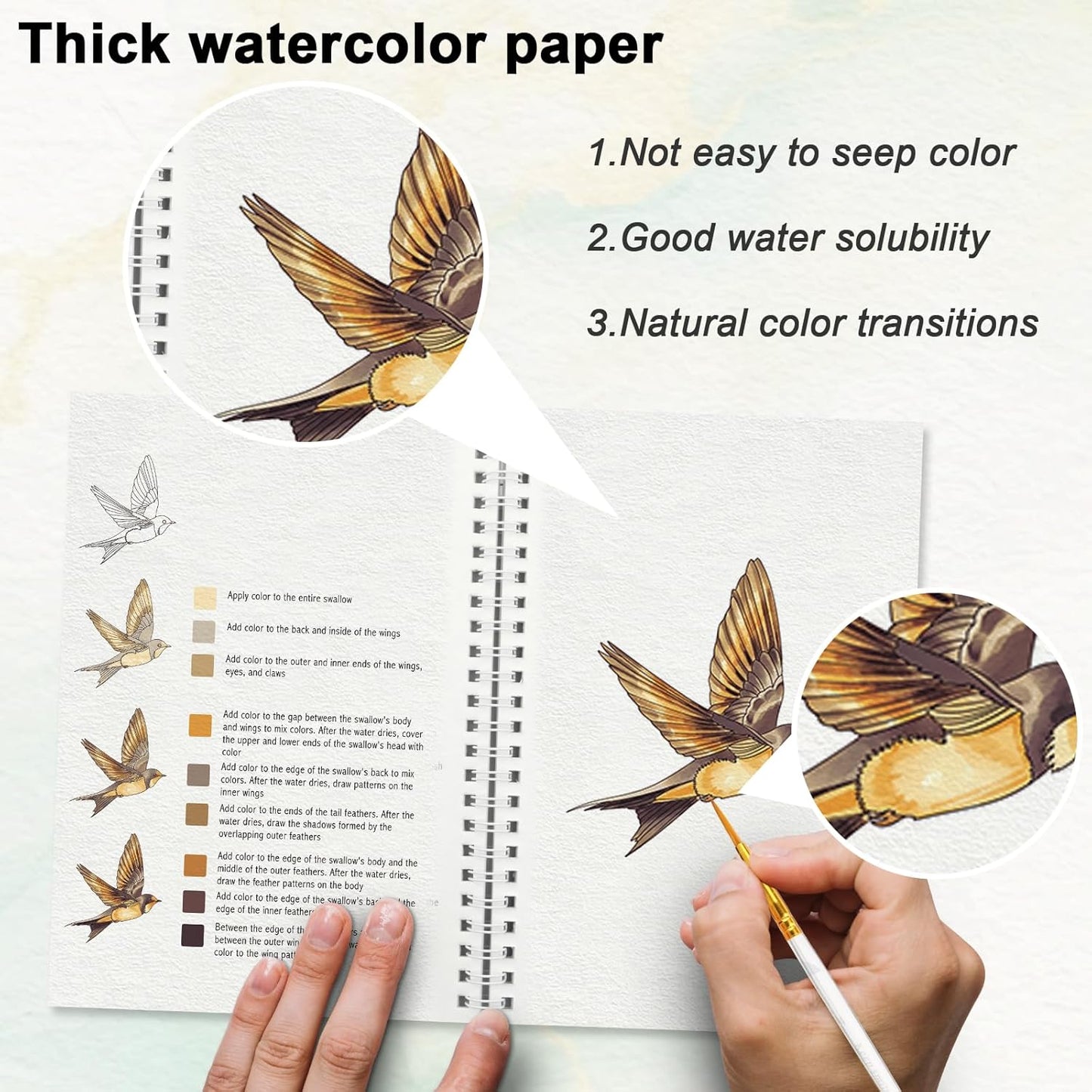Watercolor Workbooks with Step by Step for Adults Teens - Beginner Watercolor Workbook with 12 Coloring Book Pages -100% Cotton 300gsm/140lb Watercolor Paper(Animals)