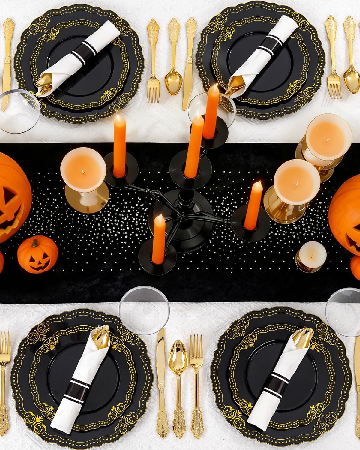Ciaell 350 PCS Black Plastic Plates - Black and Gold Plates - Black Disposable Plates Include 50 Disposable Plate, 150 Heavy Duty Silverware, 50 Cups, 50 Napkins for Wedding & Party & New Year