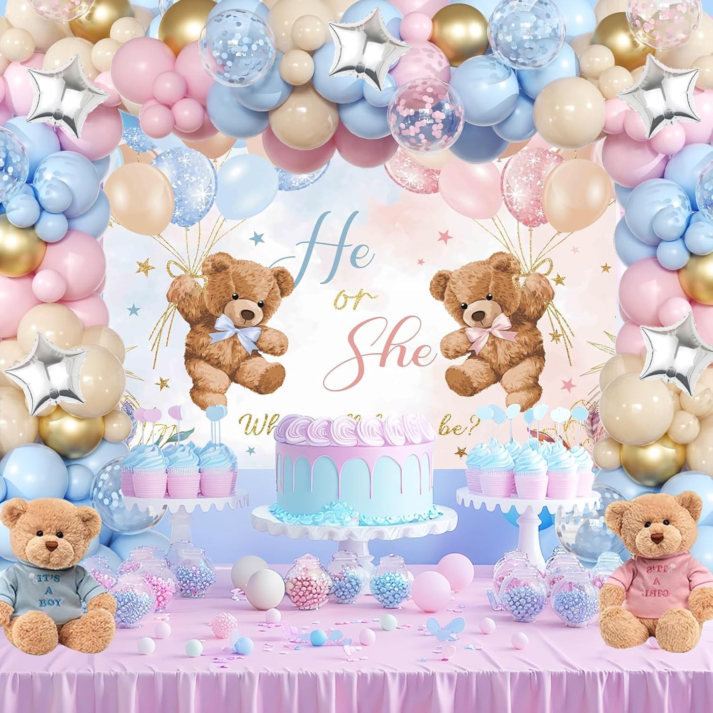 Bear Gender Reveal Balloon Boxes Decorations - 158pcs Pink Blue Balloon Garland Kit, 4pcs Baby Box With Letters, Backdrop for Baby Shower, Boy or Girl Party Supplies