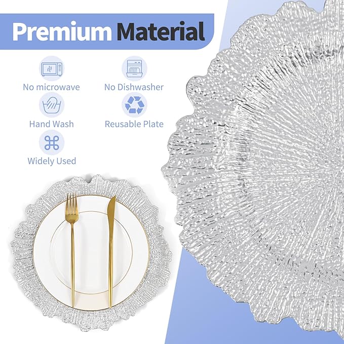 50 Pcs Silver Charger Plates Bulk 13 Inch Plastic Charger Plates for Dinner Plate, Silver Chargers for Table Setting, Reef Design Plate Floral Decorative Round Chargers for Wedding Party, Event