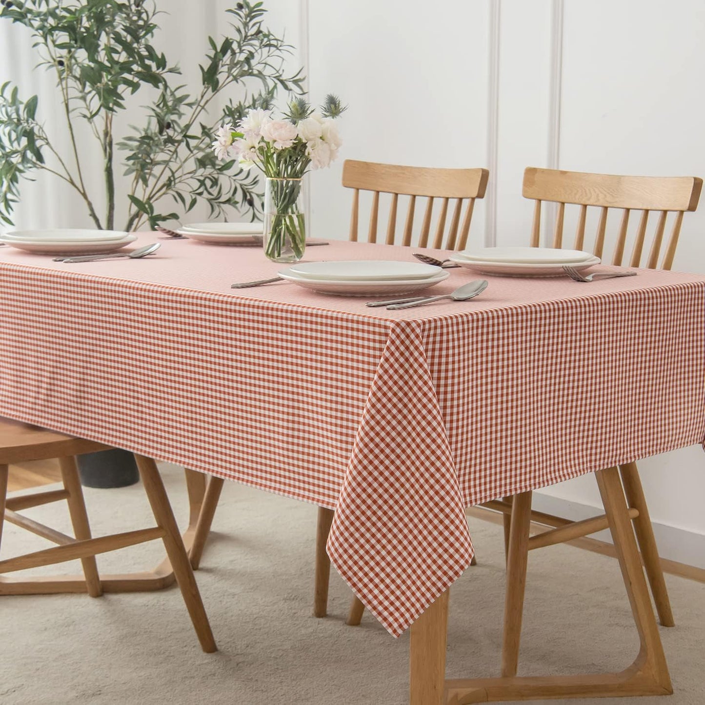 maxmill Checkered Rectangle Dining Room Tablecloth Water Resistance Wrinkle Free Spillproof Heavy Weight Gingham Plaid Table Cloth for Banquet Parties Holiday Dinner, 60 x 84 Inch Rust White