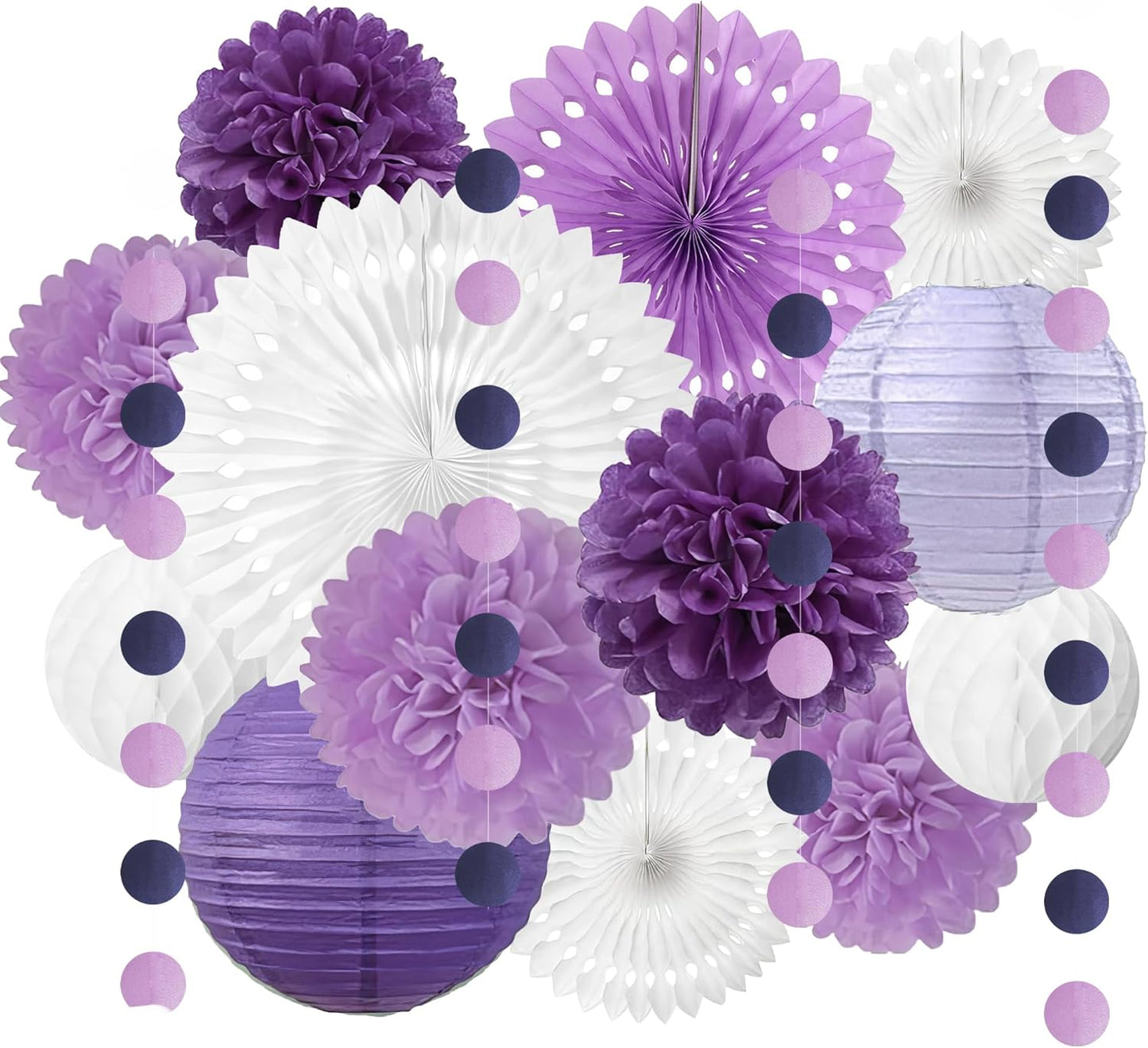Purple and White Party Decorations Lavender Paper Fans Paper Lanterns Pom Poms Flowers for Baby Shower Birthday Wedding Engagement Party