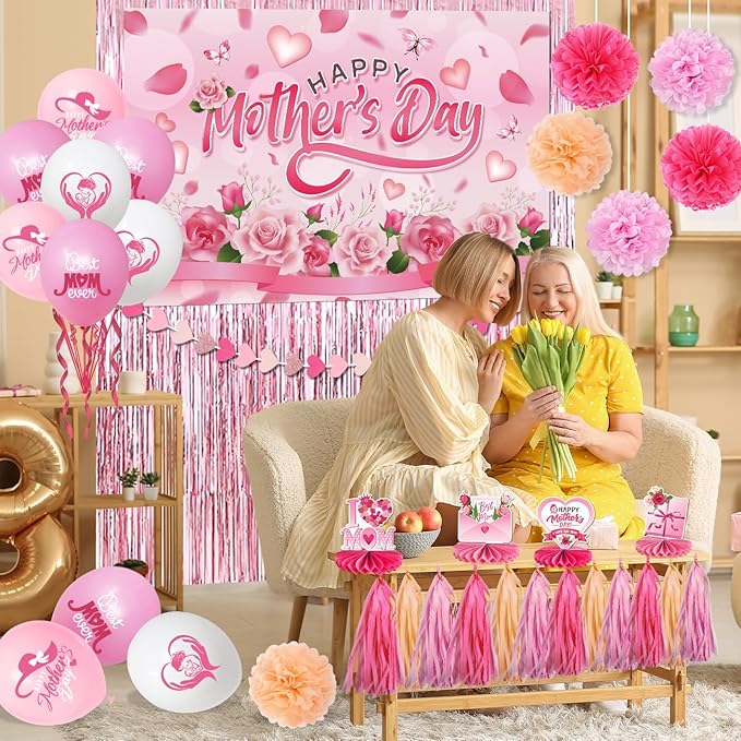 Mother's Day Decorations Pink Floral Happy Mothers Day Backdrop Honeycomb Table Centerpieces Balloons Foil Curtains Paper Pom Poms Wall Hanging Dining Decor Mothers Day Party Supplies