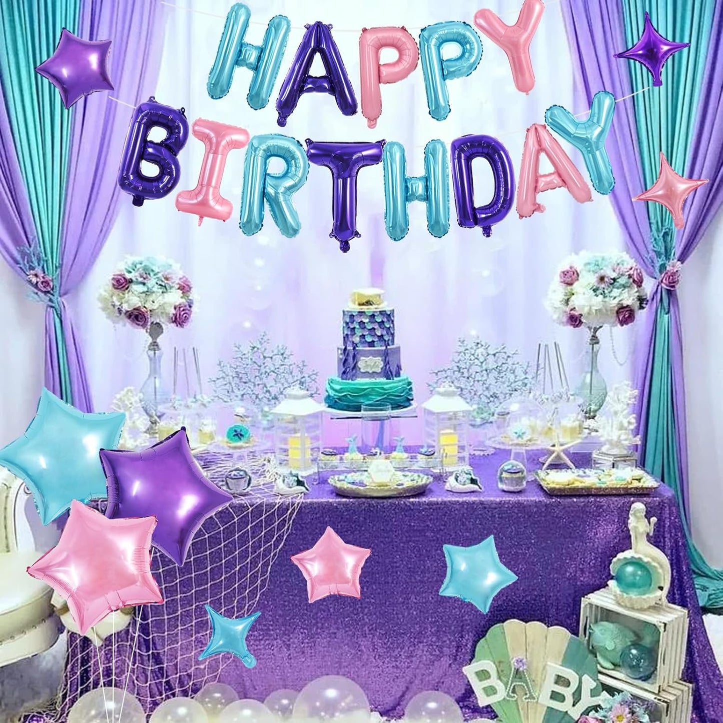 TONIFUL 35PCS Happy Birthday Decorations Kit 16 Inch Happy Birthday Balloon Banner with Star Balloons Mylar Foil Birthday Party Decorations Supplies for Adults Girls Boys Kids （Blue Purple Pink）