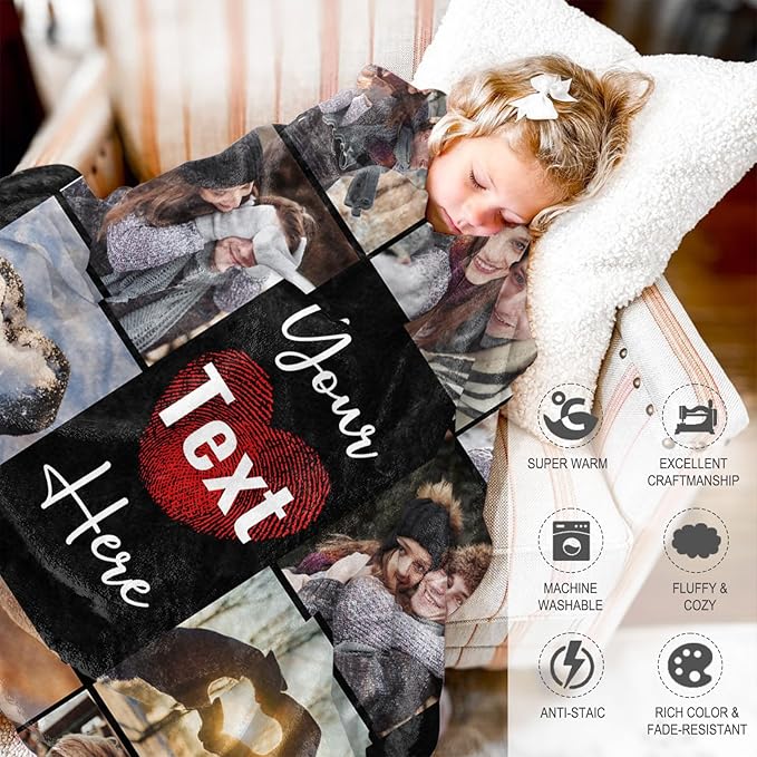 Ships Next Day Custom Blanket with Picture Text Personalized Throw Blanket Photo Collage Blankets Customized Valentines Day Gifts for Couple Girlfriend Boyfriend Her Him Wife Husband