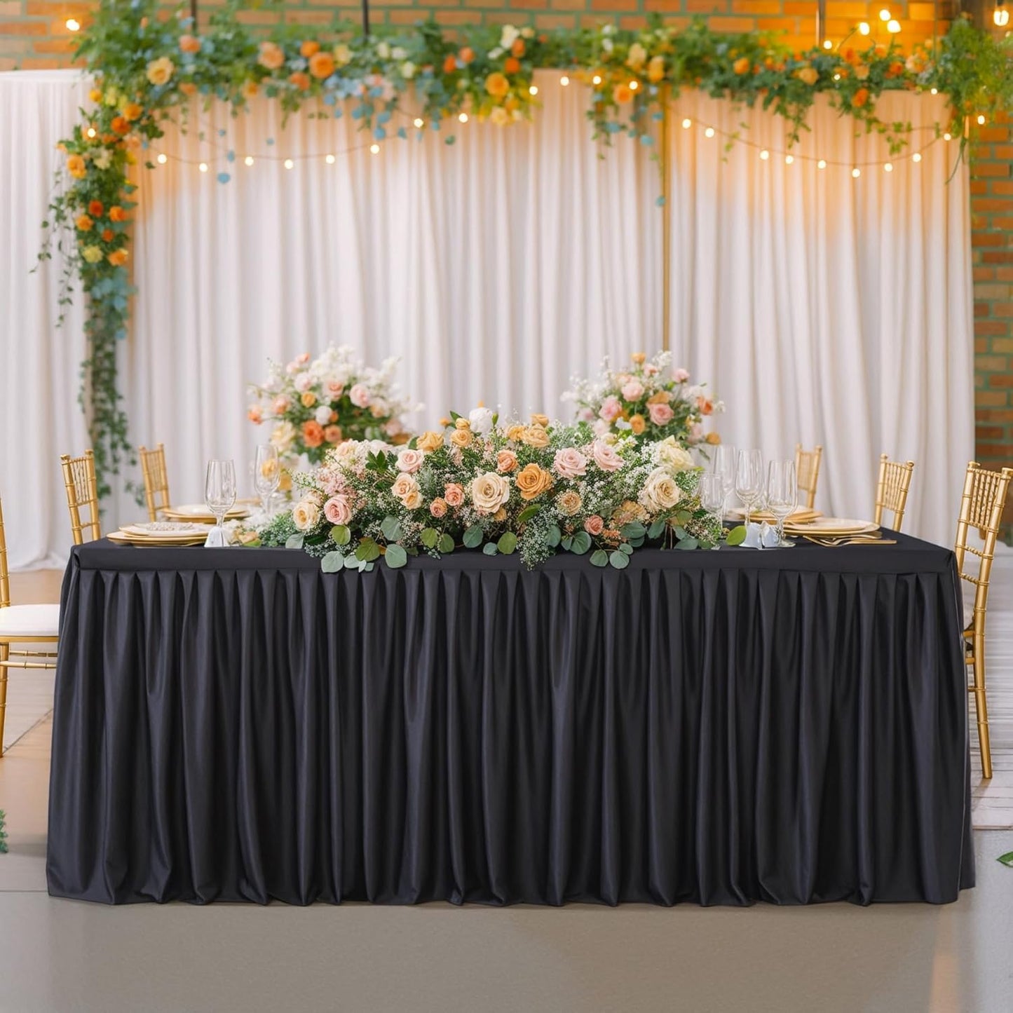 Black Table Clothes for Rectangle Tables 6ft, Wrinkle Resistant Fitted Table Cloth with Pleated Ruffle Skirts for Banquet Wedding Baby Shower Folding Tables