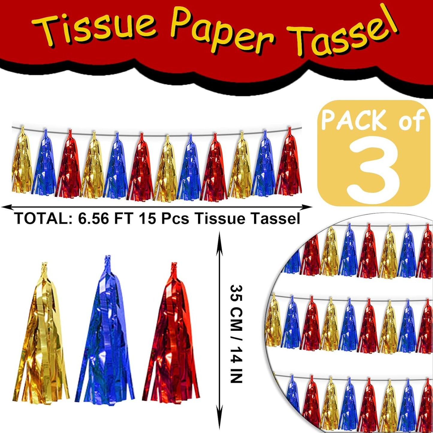 3P Gold Blue Red Tassel Banner Garland Metallic Foil Fringe Banner Tinsel Tassels Streamer Banner Backdrop for Parade Floats Graduation, Halloween, Christmas, Baby Bridal Shower Party Decorations