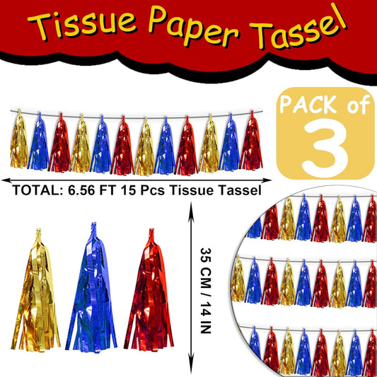 3P Gold Blue Red Tassel Banner Garland Metallic Foil Fringe Banner Tinsel Tassels Streamer Banner Backdrop for Parade Floats Graduation, Halloween, Christmas, Baby Bridal Shower Party Decorations