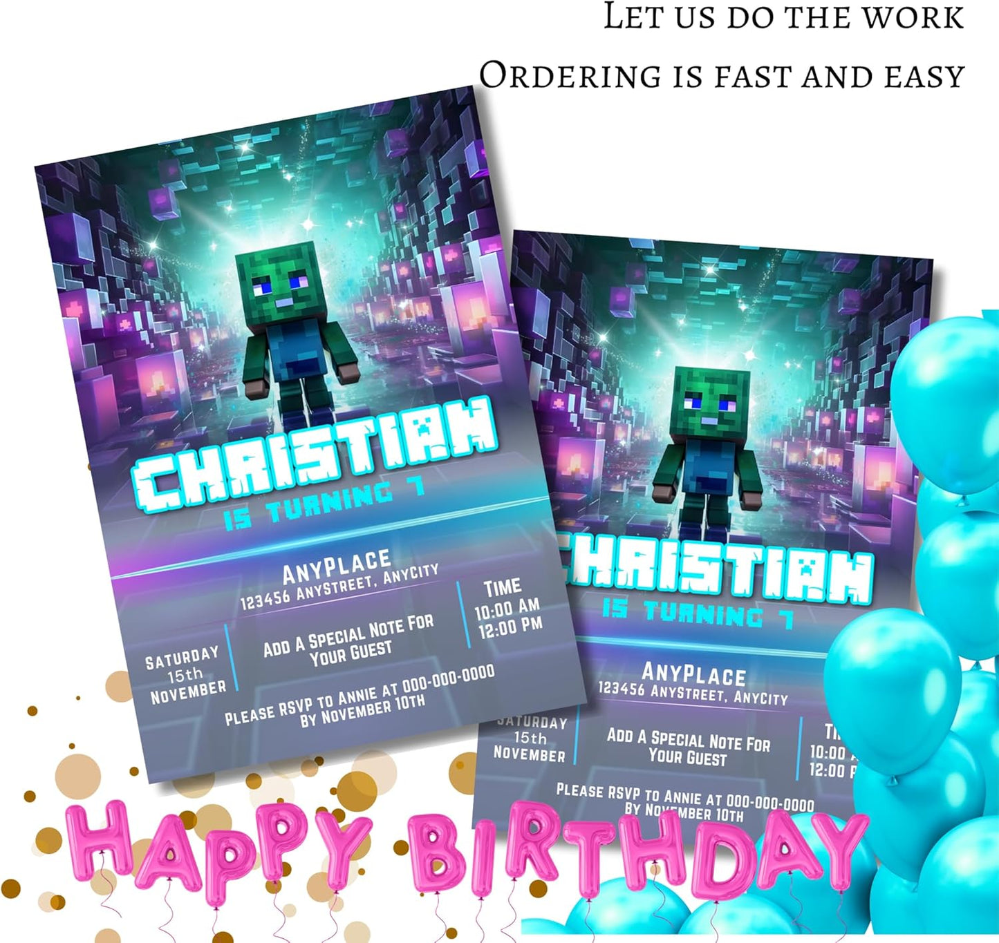Fully Customizable minecraft Birthday Party Invitations, 4 x 6 inches, with Self-Sealing Envelopes, Gaming Theme Design, minecraft Birthday Invitations for Boys and Girls (Minecraft/Block)