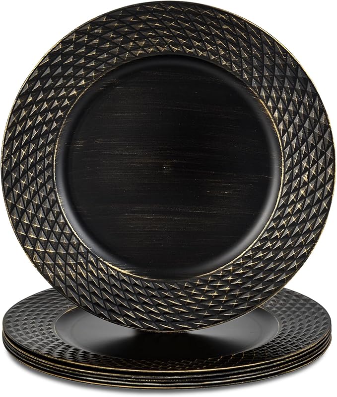 13" Black Charger Plates, Round Plastic Server Ware Chargers for Dinner Plate, Decorative Table Setting Bulk Event, Party, Wedding, 6 Pack