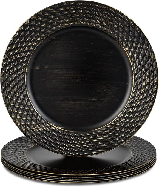 13" Black Charger Plates, Round Plastic Server Ware Chargers for Dinner Plate, Decorative Table Setting Bulk Event, Party, Wedding, 6 Pack
