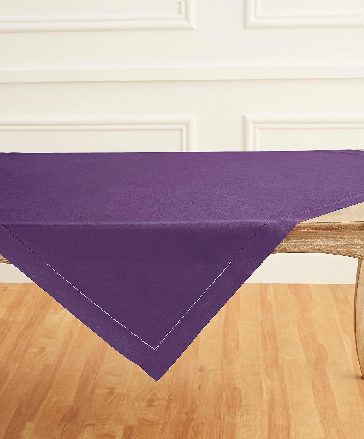 Solino Home Square Linen Tablecloth 52 x 52 Inch - 100% Pure Linen Purple Table Throw - Classic Hemstitch, Machine Washable Table Cloth for Fall, Autumn, Halloween, Thanksgiving