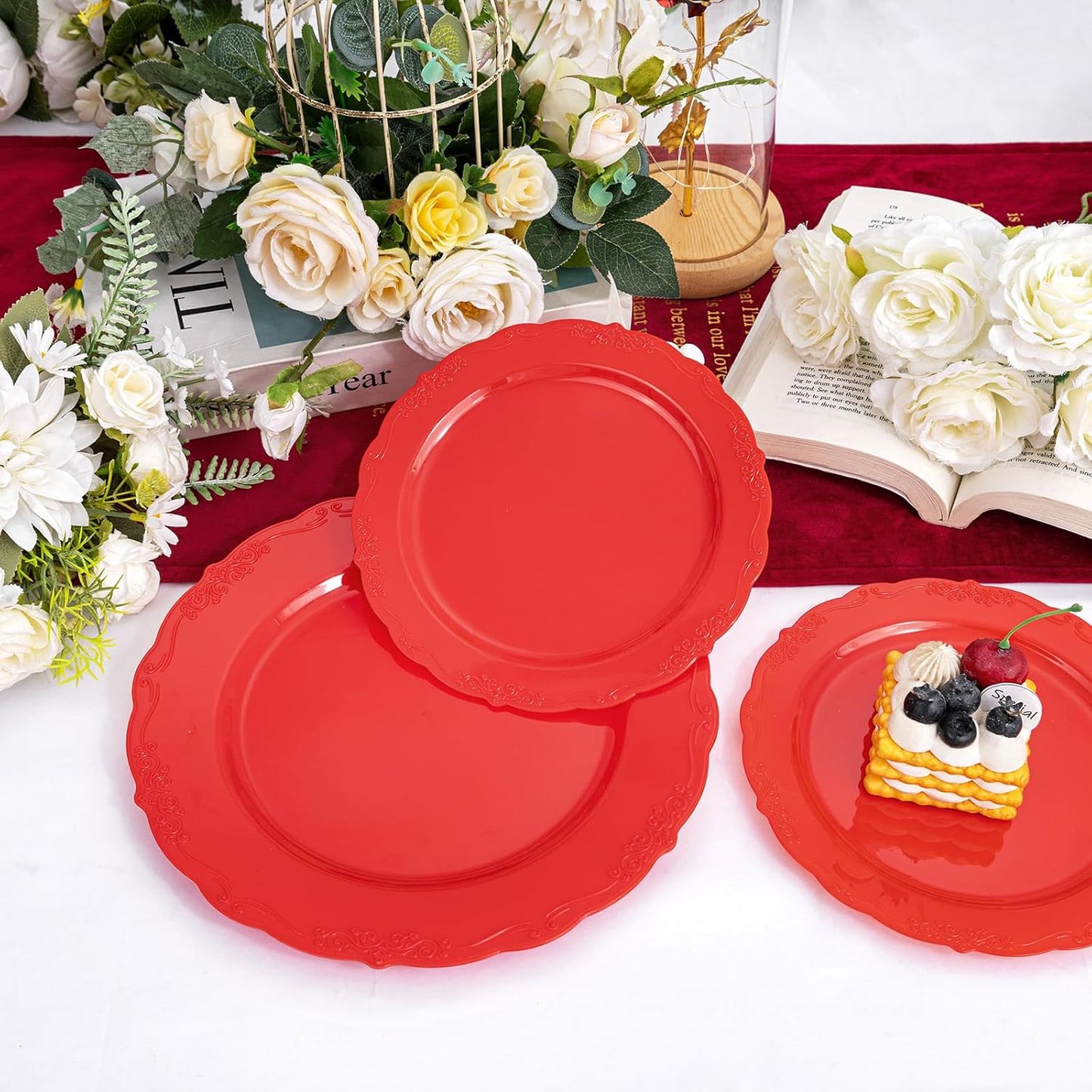 U-QE 100PCS Red Plastic Plates - Heavy Duty Plastic Disposable Party Supplies Include 50PCS 10" Dinner Plates and 50PCS 7.5" Dessert/Salad Plates for Party, Wedding
