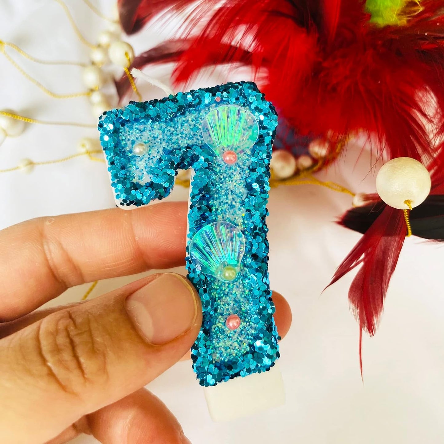Blue Number Candle,Shell Sequins Number Candles for Birthday Cakes Mermaid Themed Party Supplies Number 7 Candle