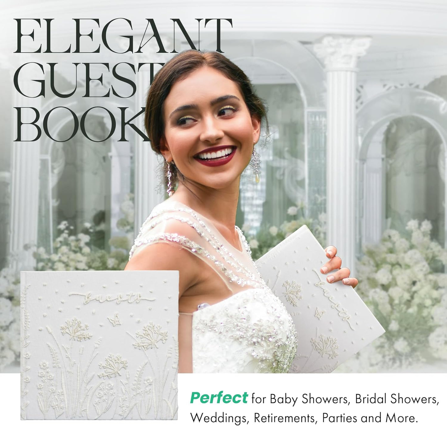 Embroidered Wedding Guest Book—The Perfect Polaroid Guest Book for Wedding Receptions， Birthdays, Baby Showers, and Special Events with 3 Photo Corner Stickers+ 3 DIY pens+1 Diamond Pen(Cream)