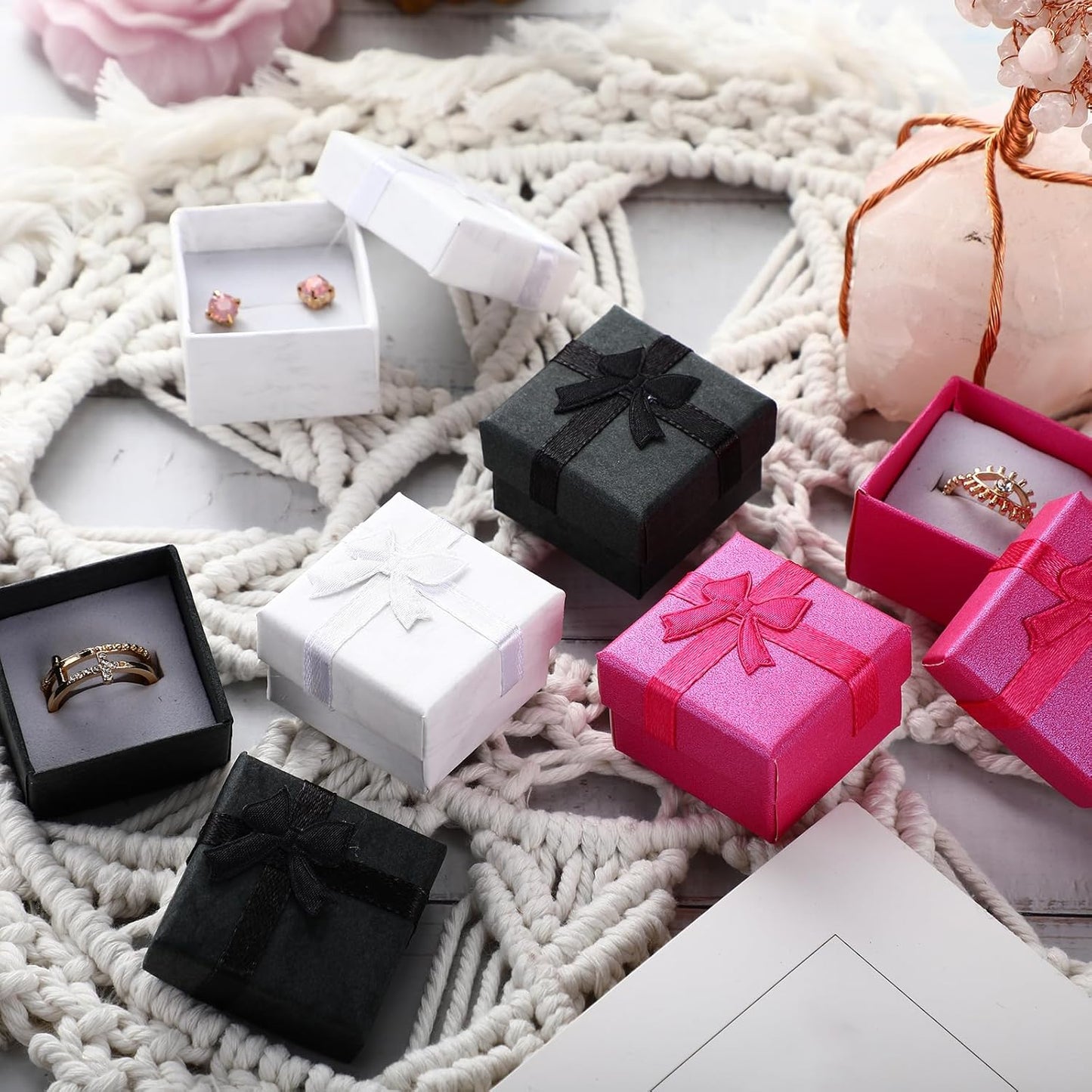 Bucherry 72 Pcs Ring Boxes 1.6 x 1.6 In Hard Cardboard Jewelry Box with Ribbon Bow Small Jewelry Gift Cases for Small Business (Classic Colors)