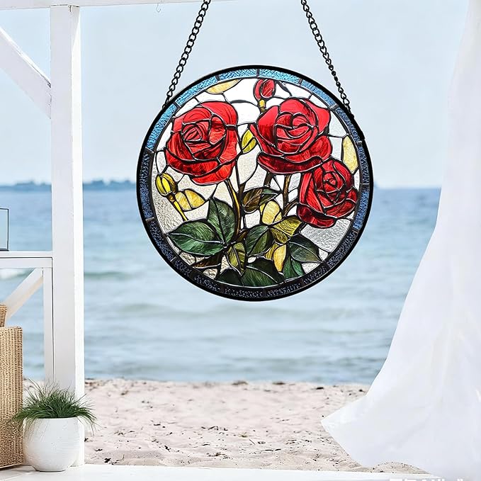 Stained Glass Window Hanging Red Rose Flower 7.8" - Suncatcher Door Garden Sun Catcher Decor Birthday Anniversary Valentines Day Gifts for Woman Wife Men Her Him Lovers Girlfriend