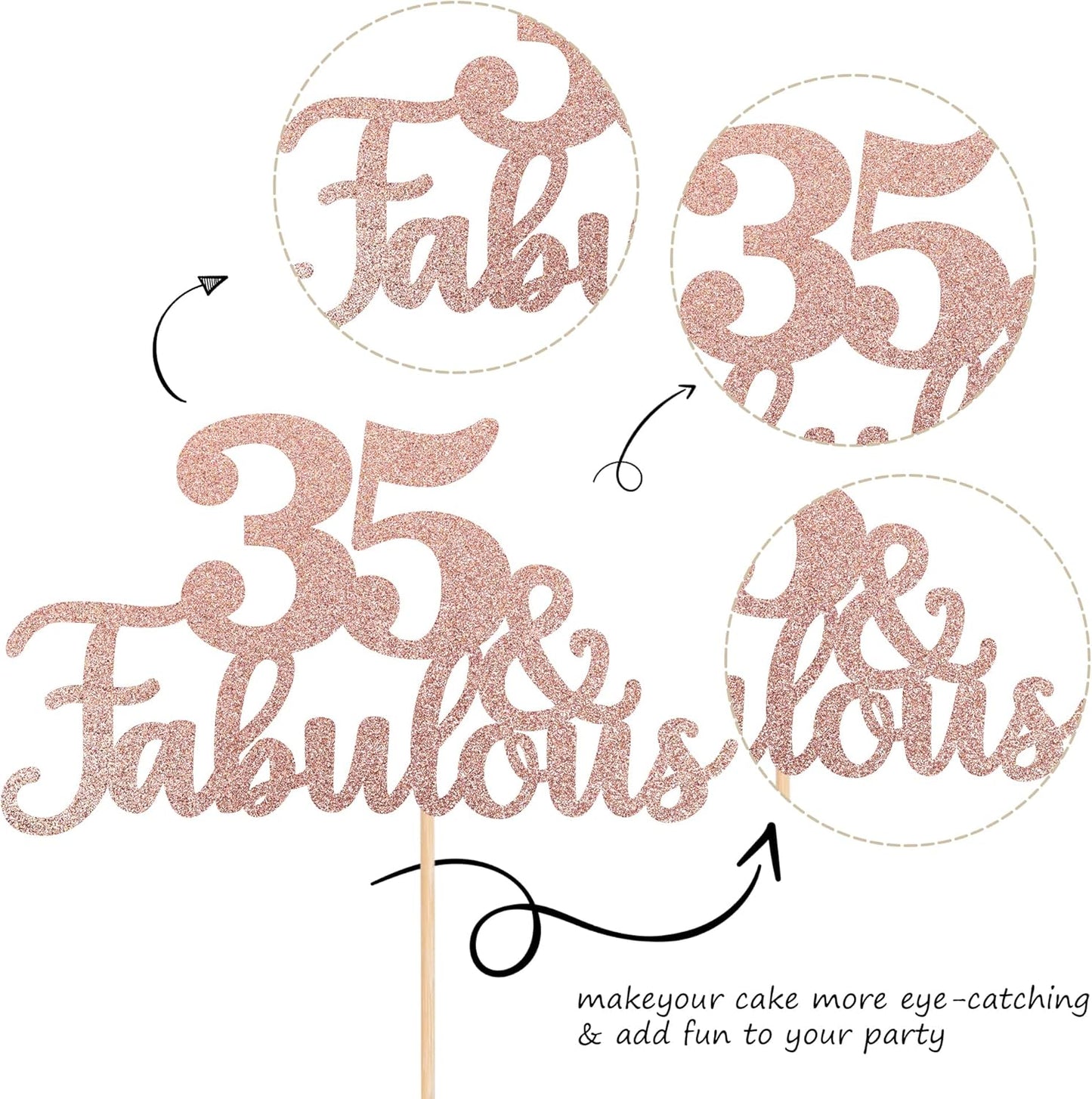 1 PCS 35 & Fabulous Cake Topper Glitter Thirty Five and Fabulous Cake Toppers Happy 35th Birthday Cake Pick for 35th Wedding Anniversary Birthday Party Cake Decorations Supplies Rose Gold