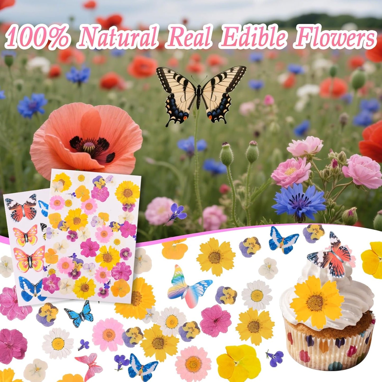 60 PCS Edible Butterfly and Flowers Cake Cupcake Toppers Decoration - Real Flowers & Wafer Butterfly for Wedding Themed Party Birthday Cake Decor Hawaiian Flower,Mixed Size Color