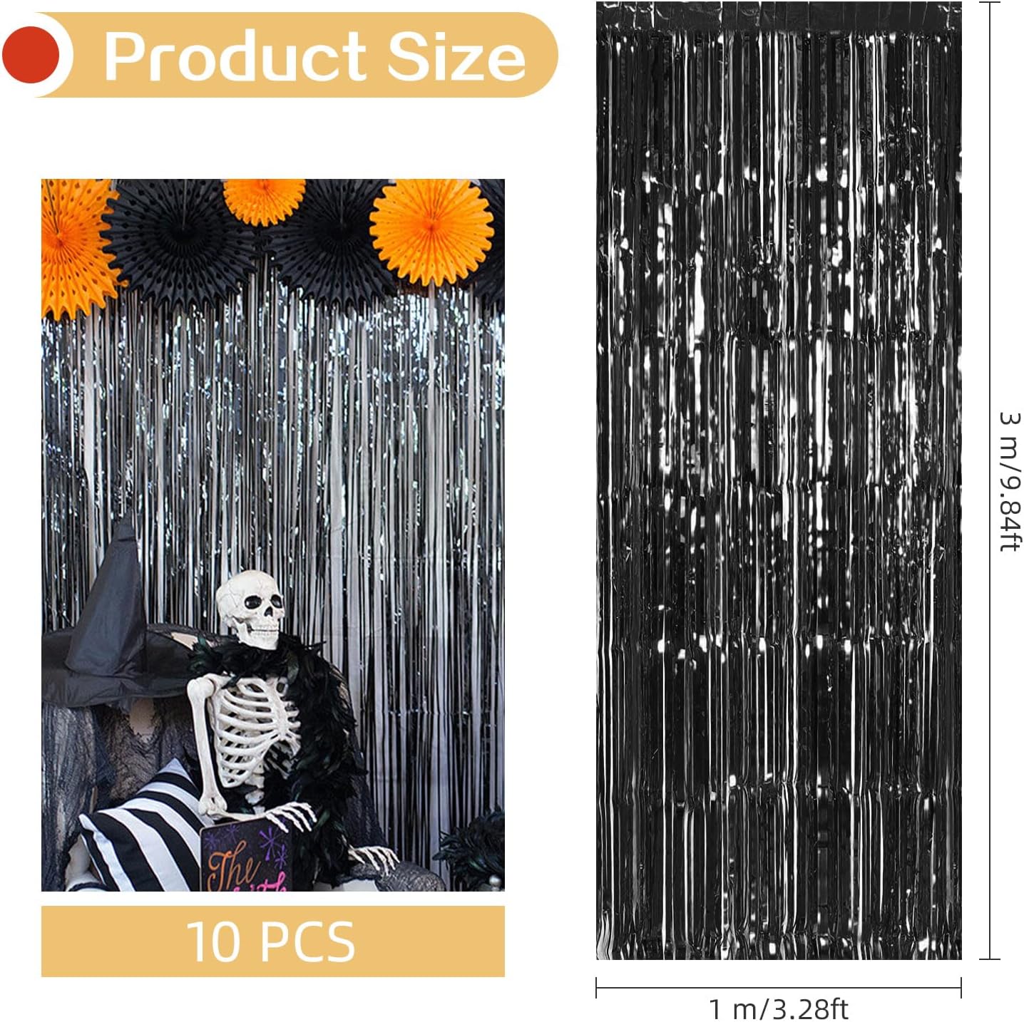 10 Pack Black Foil Curtain Backdrop 3.2ft x 9.8ft Metallic Tinsel Foil Fringe Curtains Streamer Photo Booth Backdrop for Birthday Party Engagement Bachelorette Party Decorations (Black)