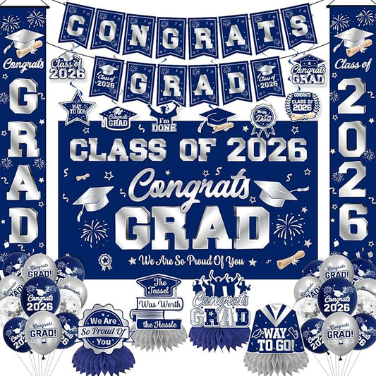 Graduation Decorations Class of 2026 Blue and Silver Graduation Party Decor Set include Congrats Grad Banner Backdrop Class of 2026 Balloons Party Supplies