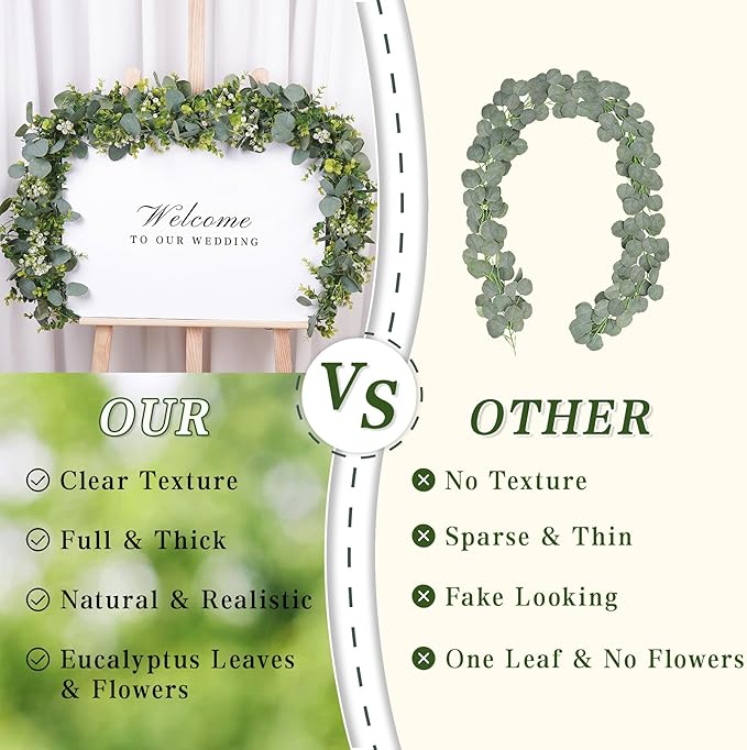2 Pcs Artificial Eucalyptus Garland,5.9FT Greenery Garland with White Flowers,Faux Silver Dollar Fake Vines Hanging Green for Table Centerpieces Arch Wedding Backdrop Party Indoor Outdoor Decoration
