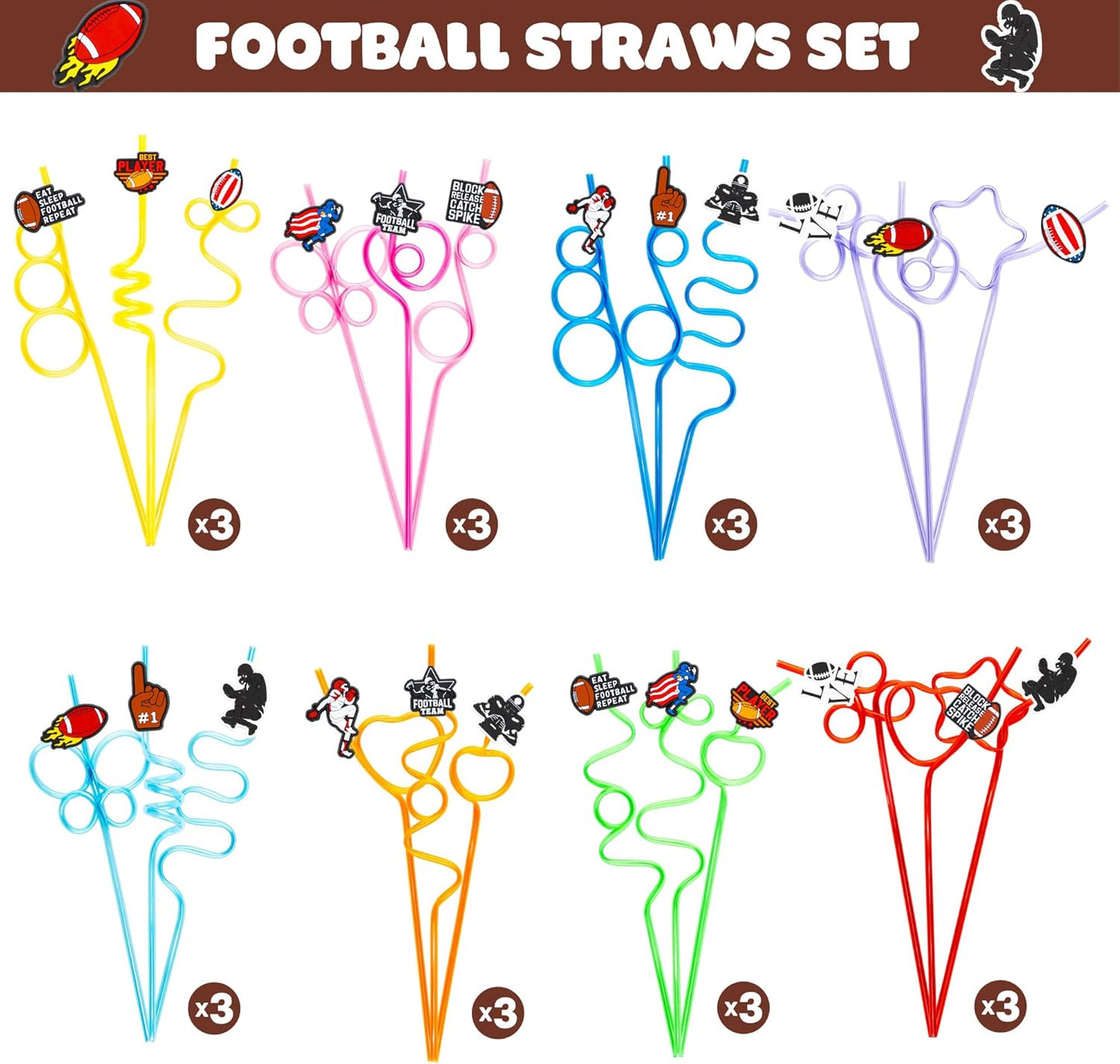 24 PCS Football Drinking Crazy Straws for Kids, Sport Themed Birthday Party Supplies Favors Decorations with 24 PVC Cute Charm, 2 Cleaning Brushes Reusable Straw