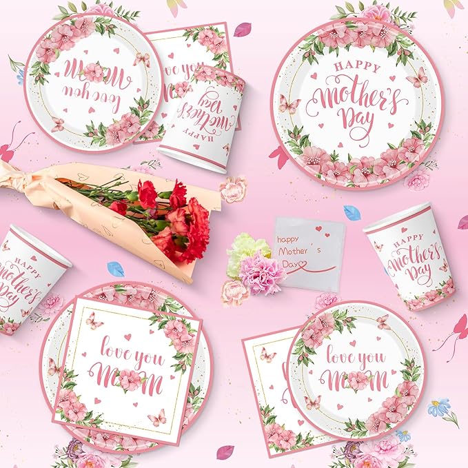 81 Pcs Happy Mothers Day Decorations Set, Includes Happy Mothers Day Dinner Paper Plates, Love You Mon Dessert Plates Napkins, Pink Tablecloth and Cups for Mother Days Party Supplies, Serves 20