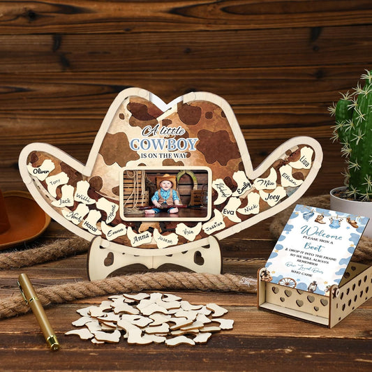 Wenqik 63 Pcs Cowboy Baby Shower Guest Book Alternatives Set Baby Shower Decorations with Photo Frame Sonogram Frame Keepsake 60 Wood Slices Guest Book for Birthday