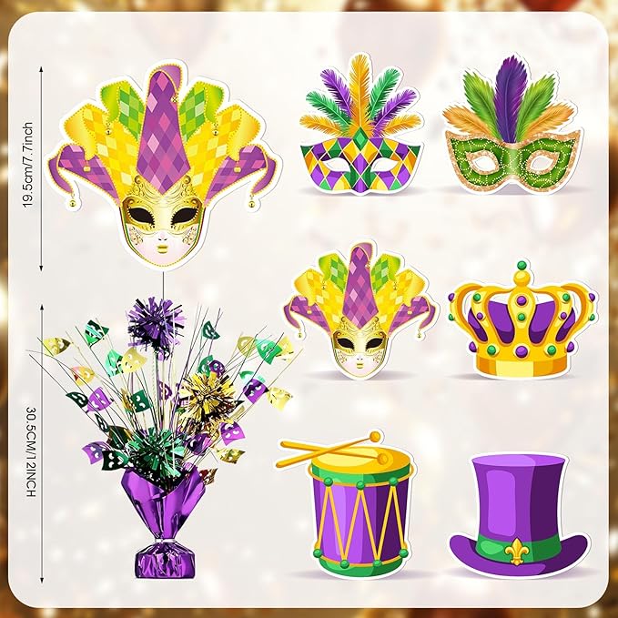 6 PCS Mardi Gras Table Centerpieces Metallic Plastic Carnival Decoration Centerpiece Glitter Foil Masquerade Party Table Decor with Carnival Cutouts for Festival Home Table Party Supplies Decor