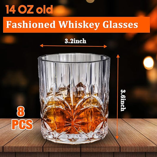 8 Sets Plastic Whiskey Glasses 14 oz Unbreakable Whiskey Drinking Glasses Old Fashioned Cocktail Cups Plastic Water Tumblers Clear Wine Cup Shatterproof Short Tumbler for Indoor Outdoor