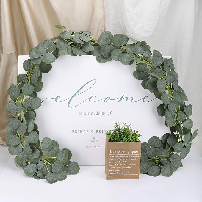 Ageomet 2 Packs Artificial Eucalyptus Garland Greenery, Faux Eucalyptus Vines Silver Dollar Eucalyptus Leaves Mantle Garland for Wedding Backdrop Fireplace Table Decor