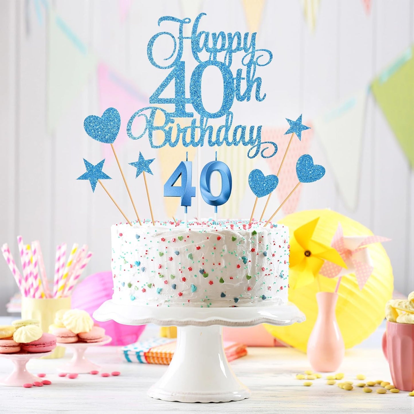 40th Birthday Cake Decorations, 40th Birthday Candles Cake Numeral Candles and Glitter Happy 40th Birthday Cake Toppers Set for Birthday Party Supplies (Blue)