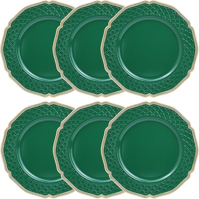 Green Scallop Charger Plates, Set of 6 Plastic Wedding Bulk Plate Charges for Dinner Plates, Table Decoration, Holiday, Thanksgiving, Christmas.