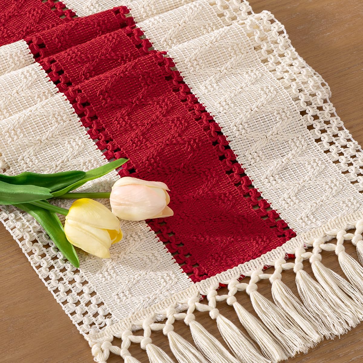 Socomi Boho Table Runner Fall Thanksgiving Farmhouse Rustic Dining Kitchen Centerpiece Decor Small Macrame Woven Cotton Linen Coffee Table Runner for Dresser Scarf Home Decor 12x36 in Red Ivory