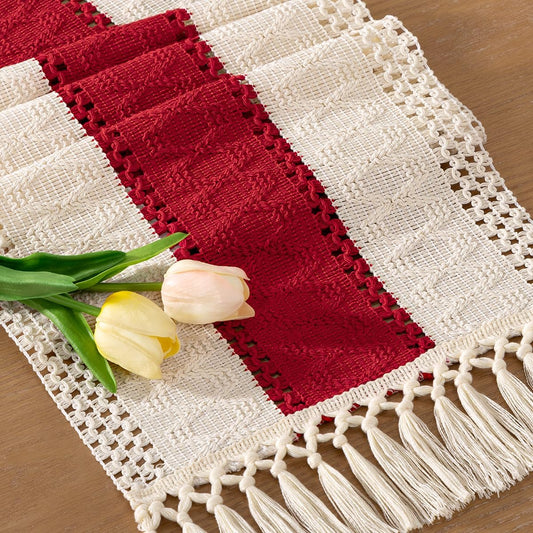 Socomi Boho Table Runner Fall Thanksgiving Farmhouse Rustic Dining Kitchen Centerpiece Decor Small Macrame Woven Cotton Linen Coffee Table Runner for Dresser Scarf Home Decor 12x60 in Red Ivory