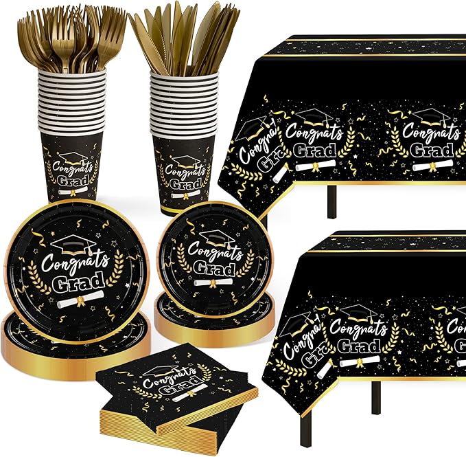 Graduation Decorations Class of 2026 Graduation Party Decorations,147 PCS Disposable Congrats Grad Tableware,Black and Gold Tablecloth Knives Fork Plates Napkin Cups for School,College,Party,Serve 24